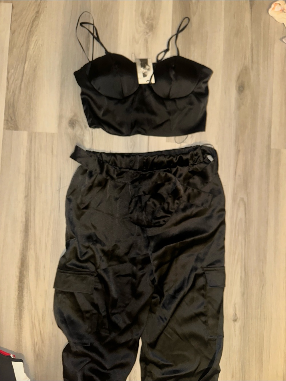 Sincerly Jules Black Satin Two-Piece Jumpsuit Set